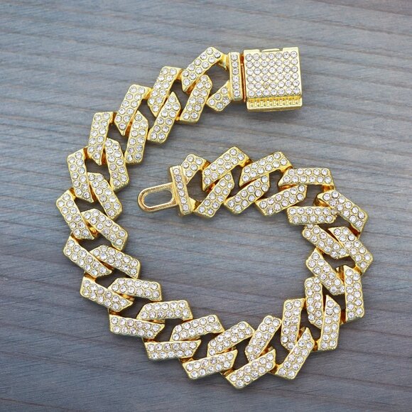 15mm 8inches Cuban Ice Curb Diamond Chain Gold Plated Bracelet with Rhinestones - Picture 4 of 4